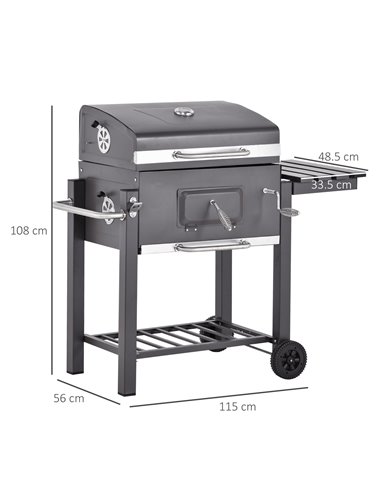 Outsunny Charcoal Grill BBQ Trolley Backyard Garden Smoker Barbecue w/ Shelf Side Table Wheels Built-in Thermometer 846-013