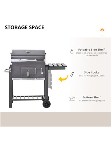 Outsunny Charcoal Grill BBQ Trolley Backyard Garden Smoker Barbecue w/ Shelf Side Table Wheels Built-in Thermometer 846-013