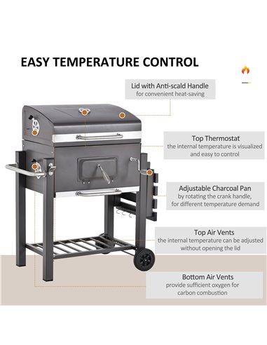 Outsunny Charcoal Grill BBQ Trolley Backyard Garden Smoker Barbecue w/ Shelf Side Table Wheels Built-in Thermometer 846-013