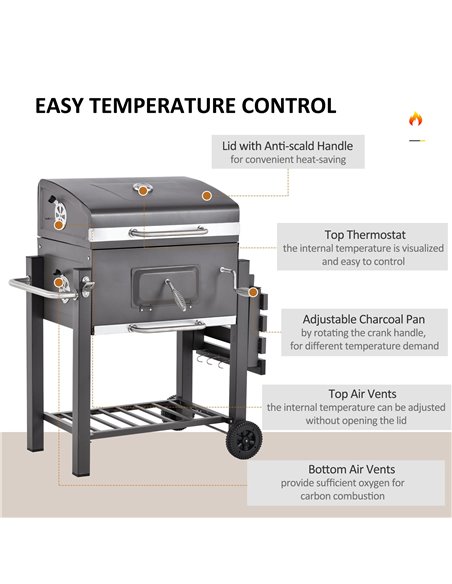 Outsunny Charcoal Grill BBQ Trolley Backyard Garden Smoker Barbecue w/ Shelf Side Table Wheels Built-in Thermometer 846-013 - pic 41048 | FastDaddyshop