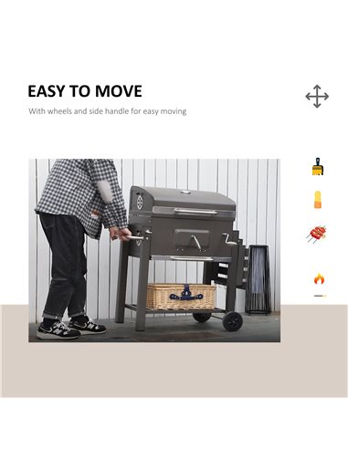 Outsunny Charcoal Grill BBQ Trolley Backyard Garden Smoker Barbecue w/ Shelf Side Table Wheels Built-in Thermometer 846-013