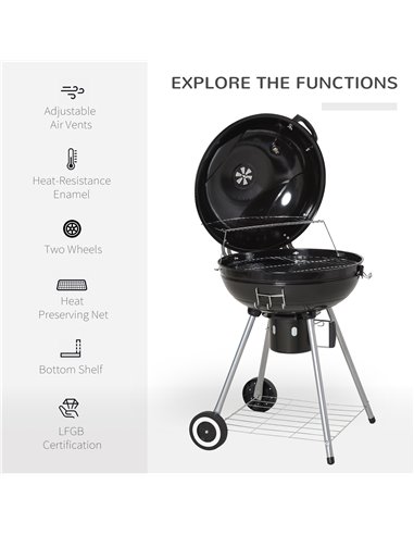 Outsunny Charcoal BBQ Portable Kettle BBQ Charcoal Grill Outdoor Barbecue Picnic Party Camping w/ Wheels 846-021