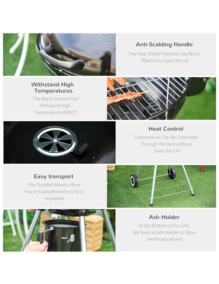 Outsunny Charcoal BBQ Portable Kettle BBQ Charcoal Grill Outdoor Barbecue Picnic Party Camping w/ Wheels 846-021 - pic 41077 | FastDaddyshop
