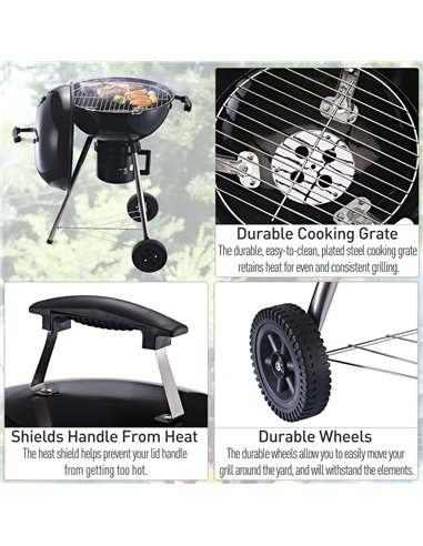 Outsunny Freestanding Charcoal Barbecue Grill Garden Portable BBQ Smoker w/ Wheels, Storage Shelves and On-body Thermometer, Bla