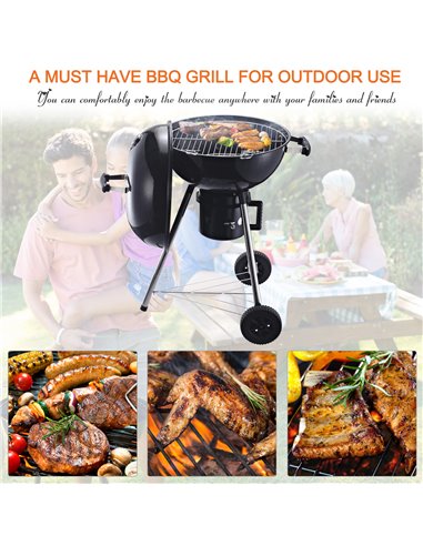 Outsunny Freestanding Charcoal Barbecue Grill Garden Portable BBQ Smoker w/ Wheels, Storage Shelves and On-body Thermometer, Bla