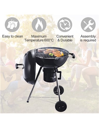 Outsunny Freestanding Charcoal Barbecue Grill Garden Portable BBQ Smoker w/ Wheels, Storage Shelves and On-body Thermometer, Bla