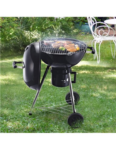 Outsunny Freestanding Charcoal Barbecue Grill Garden Portable BBQ Smoker w/ Wheels, Storage Shelves and On-body Thermometer, Bla