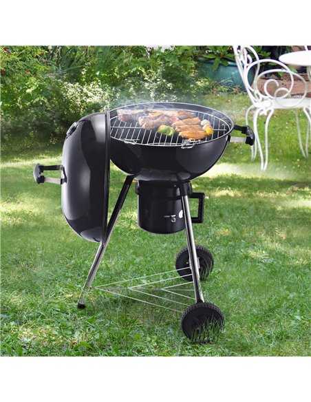 Outsunny Freestanding Charcoal Barbecue Grill Garden Portable BBQ Smoker w/ Wheels, Storage Shelves and On-body Thermometer, Bla - pic 41105 | FastDaddyshop