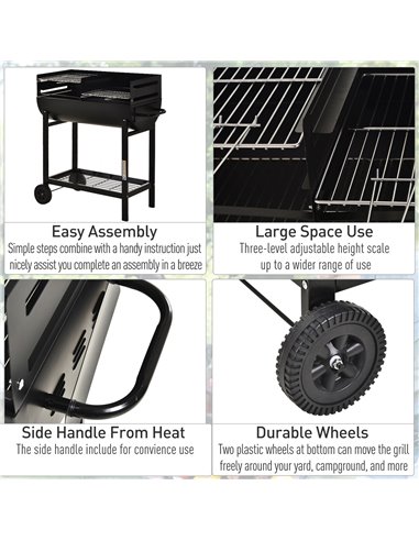 Outsunny Charcoal Barbecue Grill Garden BBQ Trolley w/ Dual Grill, Adjustable Grill Nets, Heat-resistant Steel, Wheels, Black 84