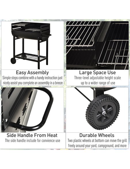 Outsunny Charcoal Barbecue Grill Garden BBQ Trolley w/ Dual Grill, Adjustable Grill Nets, Heat-resistant Steel, Wheels, Black 84 - pic 41120 | FastDaddyshop