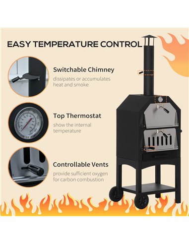 Outsunny Outdoor Garden Pizza Oven Charcoal BBQ Grill 3-Tier Freestanding w/Chimney, Mesh Shelf, Thermometer Handles, Wheels Gar