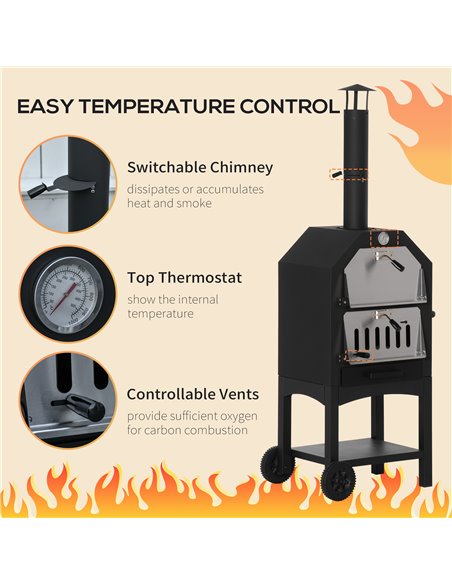 Outsunny Outdoor Garden Pizza Oven Charcoal BBQ Grill 3-Tier Freestanding w/Chimney, Mesh Shelf, Thermometer Handles, Wheels Gar - pic 41128 | FastDaddyshop