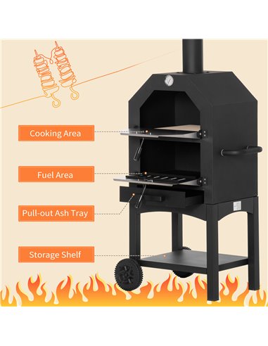 Outsunny Outdoor Garden Pizza Oven Charcoal BBQ Grill 3-Tier Freestanding w/Chimney, Mesh Shelf, Thermometer Handles, Wheels Gar