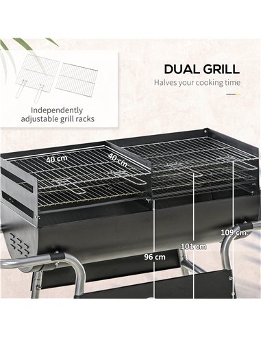 Outsunny Charcoal Barbecue Grill Garden BBQ Trolley w/ Adjustable Grill Height, Double Grill, Side Table, Storage Shelf and Whee