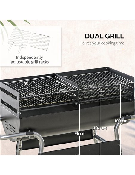 Outsunny Charcoal Barbecue Grill Garden BBQ Trolley w/ Adjustable Grill Height, Double Grill, Side Table, Storage Shelf and Whee - pic 41163 | FastDaddyshop