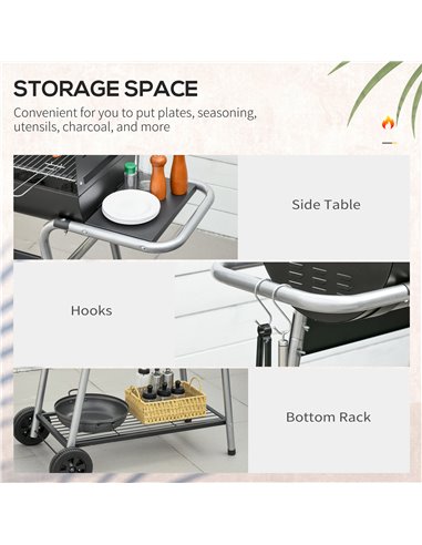 Outsunny Charcoal Barbecue Grill Garden BBQ Trolley w/ Adjustable Grill Height, Double Grill, Side Table, Storage Shelf and Whee