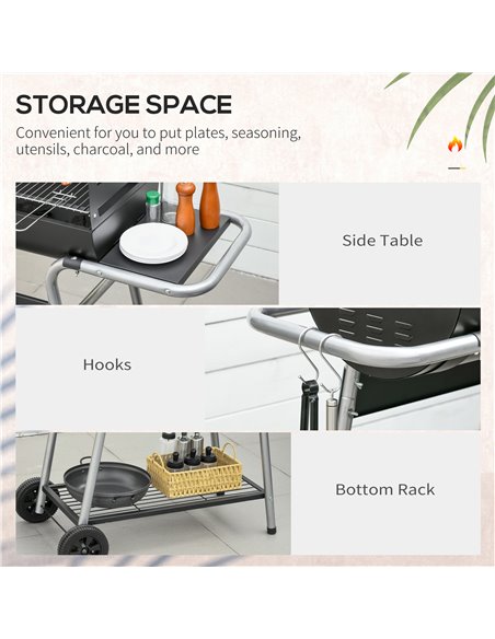 Outsunny Charcoal Barbecue Grill Garden BBQ Trolley w/ Adjustable Grill Height, Double Grill, Side Table, Storage Shelf and Whee - pic 41164 | FastDaddyshop