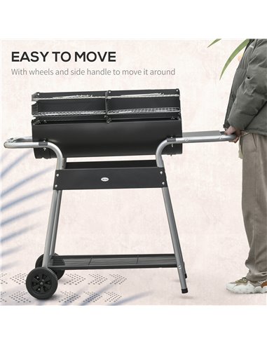 Outsunny Charcoal Barbecue Grill Garden BBQ Trolley w/ Adjustable Grill Height, Double Grill, Side Table, Storage Shelf and Whee