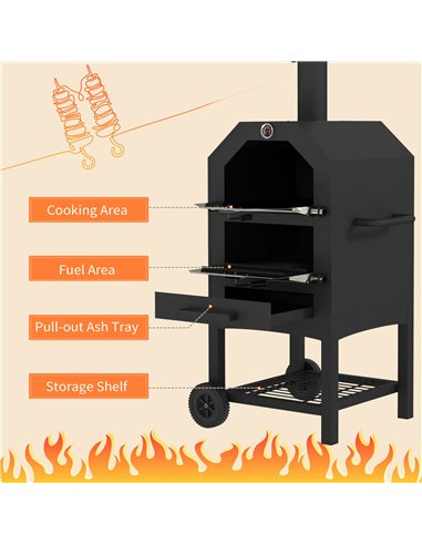 Outsunny Steel 3-Tier Outdoor Pizza Oven Charcoal BBQ Grill, Black 846-139V00BK