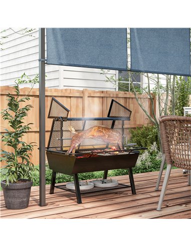 Outsunny 3-in-1 Charcoal Barbecue Grill, Rotisserie Roaster, Fire Pit with Storage Shelf and Mesh Lid 846-131V00BK