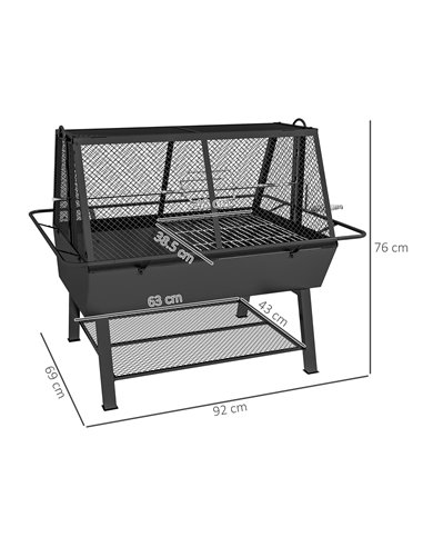 Outsunny 3-in-1 Charcoal Barbecue Grill, Rotisserie Roaster, Fire Pit with Storage Shelf and Mesh Lid 846-131V00BK