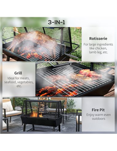 Outsunny 3-in-1 Charcoal Barbecue Grill, Rotisserie Roaster, Fire Pit with Storage Shelf and Mesh Lid 846-131V00BK