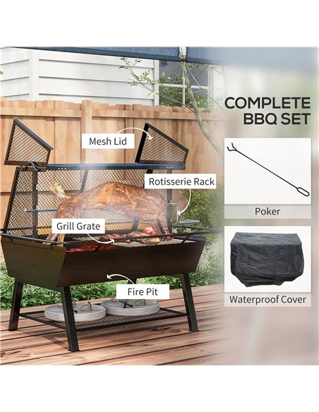 Outsunny 3-in-1 Charcoal Barbecue Grill, Rotisserie Roaster, Fire Pit with Storage Shelf and Mesh Lid 846-131V00BK - pic 41193 | FastDaddyshop