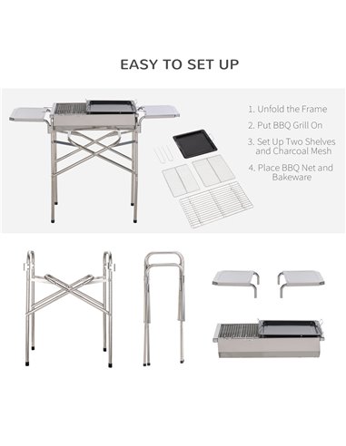 Outsunny Folding Barbecue Grill Garden Rectangular Stainless Steel BBQ w/ Adjustable legs, BBQ grates, frying plate and Non-stic