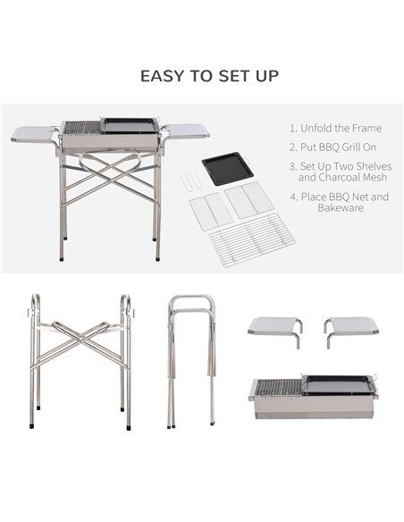 Outsunny Folding Barbecue Grill Garden Rectangular Stainless Steel BBQ w/ Adjustable legs, BBQ grates, frying plate and Non-stic - pic 41200 | FastDaddyshop
