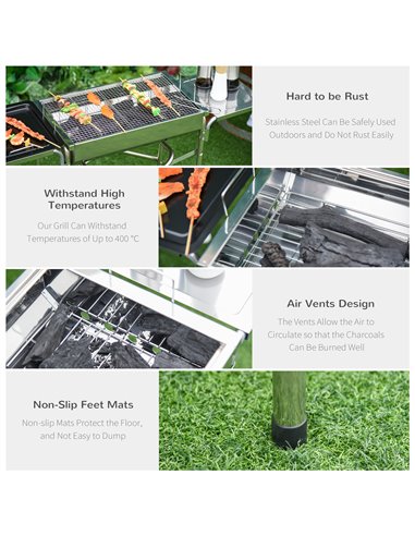 Outsunny Folding Barbecue Grill Garden Rectangular Stainless Steel BBQ w/ Adjustable legs, BBQ grates, frying plate and Non-stic