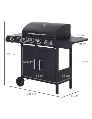 Outsunny 4+1 Gas Burner Grill BBQ Trolley Backyard Garden Smoker Side Burner Barbecue w/ Storage Side Table Wheels 846-016