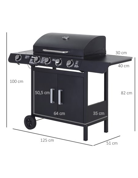Outsunny 4+1 Gas Burner Grill BBQ Trolley Backyard Garden Smoker Side Burner Barbecue w/ Storage Side Table Wheels 846-016 - pic 41207 | FastDaddyshop