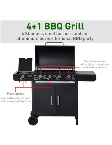 Outsunny 4+1 Gas Burner Grill BBQ Trolley Backyard Garden Smoker Side Burner Barbecue w/ Storage Side Table Wheels 846-016