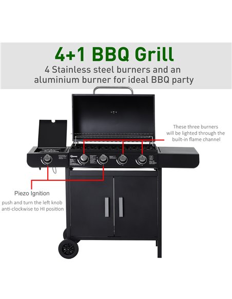 Outsunny 4+1 Gas Burner Grill BBQ Trolley Backyard Garden Smoker Side Burner Barbecue w/ Storage Side Table Wheels 846-016 - pic 41209 | FastDaddyshop