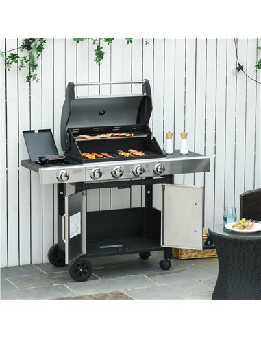 Outsunny Gas Burner Barbecue Grill 4+1 Burner Garden BBQ Trolley, Black & Stainless 846-066