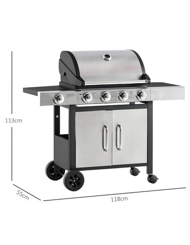 Outsunny Gas Burner Barbecue Grill 4+1 Burner Garden BBQ Trolley w/ Side Burner Warming Rack Side Shelves Storage Cabinet Piezo 