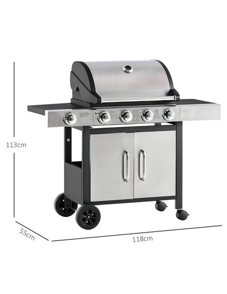 Outsunny Gas Burner Barbecue Grill 4+1 Burner Garden BBQ Trolley w/ Side Burner Warming Rack Side Shelves Storage Cabinet Piezo  - pic 41216 | FastDaddyshop