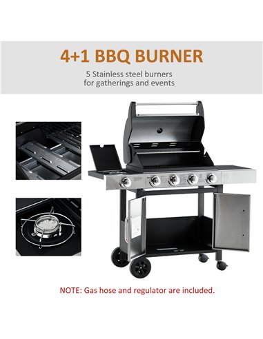 Outsunny Gas Burner Barbecue Grill 4+1 Burner Garden BBQ Trolley w/ Side Burner Warming Rack Side Shelves Storage Cabinet Piezo 