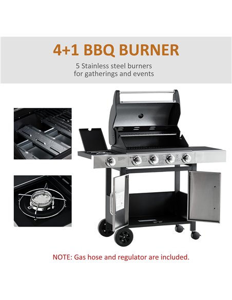 Outsunny Gas Burner Barbecue Grill 4+1 Burner Garden BBQ Trolley w/ Side Burner Warming Rack Side Shelves Storage Cabinet Piezo  - pic 41218 | FastDaddyshop