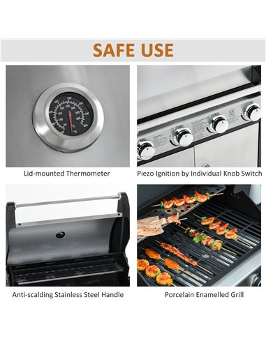 Outsunny Gas Burner Barbecue Grill 4+1 Burner Garden BBQ Trolley w/ Side Burner Warming Rack Side Shelves Storage Cabinet Piezo 