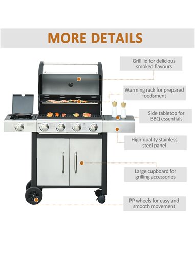 Outsunny Gas Burner Barbecue Grill 4+1 Burner Garden BBQ Trolley w/ Side Burner Warming Rack Side Shelves Storage Cabinet Piezo 