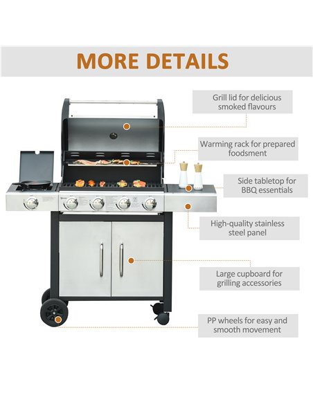 Outsunny Gas Burner Barbecue Grill 4+1 Burner Garden BBQ Trolley w/ Side Burner Warming Rack Side Shelves Storage Cabinet Piezo  - pic 41220 | FastDaddyshop