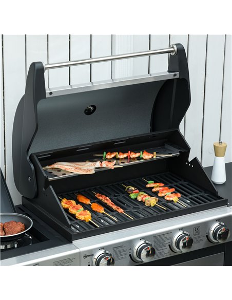 Outsunny Gas Burner Barbecue Grill 4+1 Burner Garden BBQ Trolley w/ Side Burner Warming Rack Side Shelves Storage Cabinet Piezo  - pic 41221 | FastDaddyshop