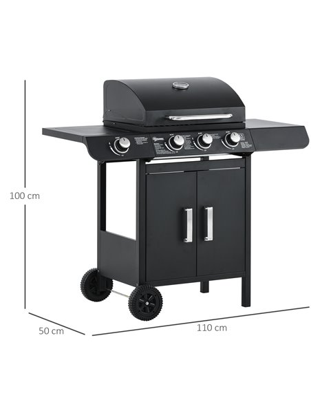 Outsunny Gas BBQ Gas Grill Barbecue 3+1 Burner Garden BBQ Trolley w/ Side Burner Warming Rack Side Shelves Storage Cabinet Piezo - pic 41225 | FastDaddyshop