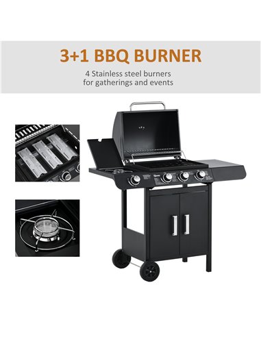 Outsunny Gas BBQ Gas Grill Barbecue 3+1 Burner Garden BBQ Trolley w/ Side Burner Warming Rack Side Shelves Storage Cabinet Piezo