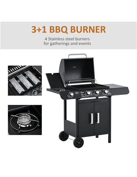 Outsunny Gas BBQ Gas Grill Barbecue 3+1 Burner Garden BBQ Trolley w/ Side Burner Warming Rack Side Shelves Storage Cabinet Piezo - pic 41227 | FastDaddyshop