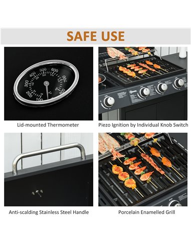 Outsunny Gas BBQ Gas Grill Barbecue 3+1 Burner Garden BBQ Trolley w/ Side Burner Warming Rack Side Shelves Storage Cabinet Piezo