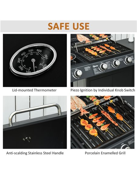 Outsunny Gas BBQ Gas Grill Barbecue 3+1 Burner Garden BBQ Trolley w/ Side Burner Warming Rack Side Shelves Storage Cabinet Piezo - pic 41228 | FastDaddyshop