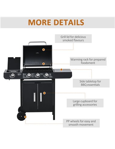 Outsunny Gas BBQ Gas Grill Barbecue 3+1 Burner Garden BBQ Trolley w/ Side Burner Warming Rack Side Shelves Storage Cabinet Piezo