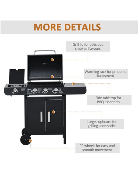 Outsunny Gas BBQ Gas Grill Barbecue 3+1 Burner Garden BBQ Trolley w/ Side Burner Warming Rack Side Shelves Storage Cabinet Piezo - pic 41229 | FastDaddyshop